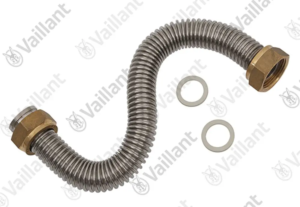 Vaillant Gasrohr mit flexibler Edelstahloberfläche und zwei Gummidichtungen. Mit zwei benötigten Verbindungselementen für die Montage.